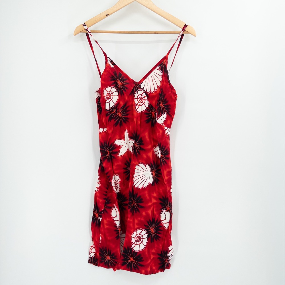 Vintage Y2K Sun Dress Womens L Red Fitted Seashell 90s Tropical‎ Beach Surfer - Picture 6 of 10